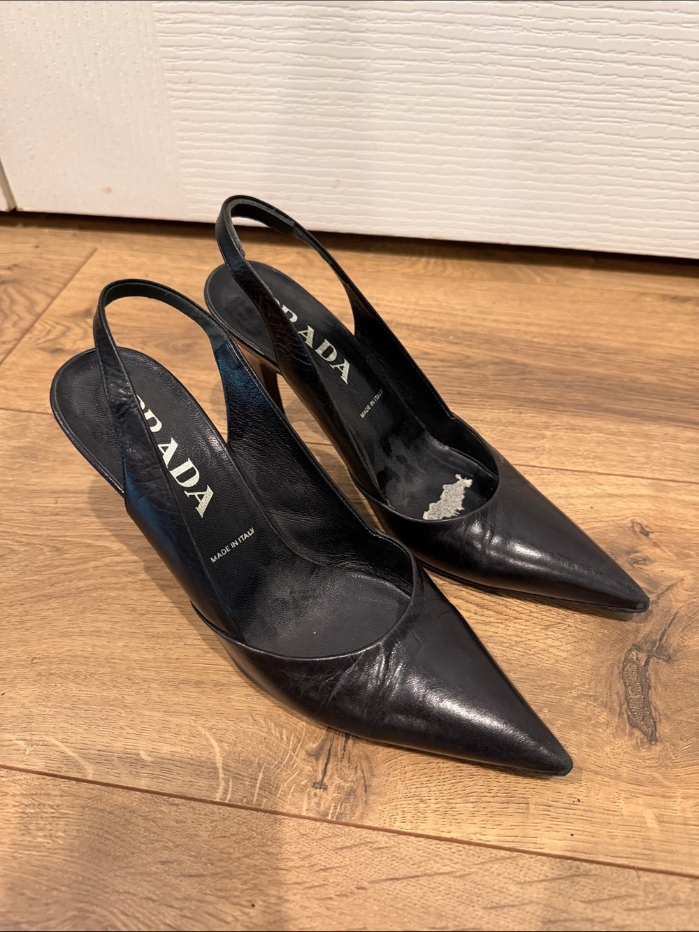 Prada Black Leather Pointed Toe Slingback Heels